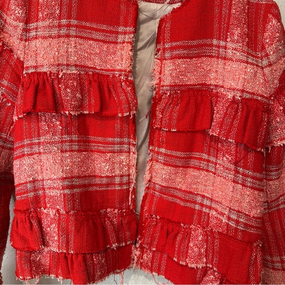 Zara Red Plaid Distressed Hem Women's Jacket - Picture 8 of 11